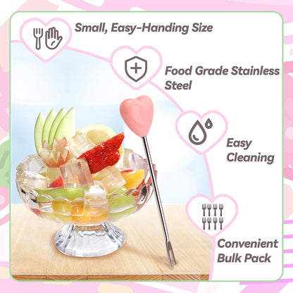 Set of 10 Stainless Steel Fruit forks and 1 Pink Love Holder, Fruit Forks Salad Forks Food Picks