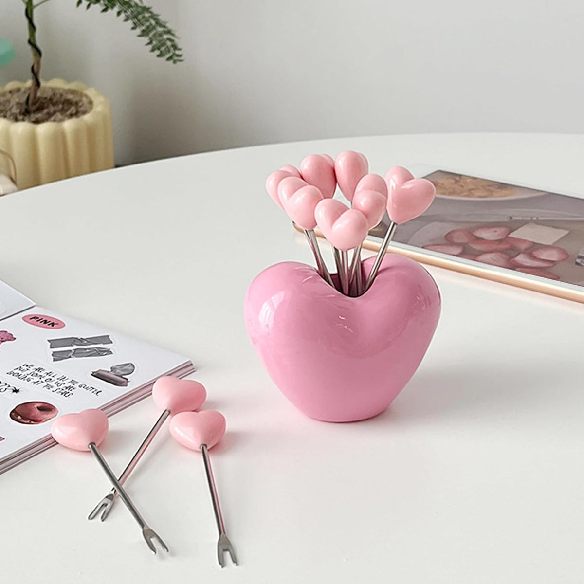 Set of 10 Stainless Steel Fruit forks and 1 Pink Love Holder, Fruit Forks Salad Forks Food Picks