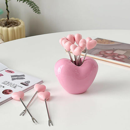 Set of 10 Stainless Steel Fruit forks and 1 Pink Love Holder, Fruit Forks Salad Forks Food Picks