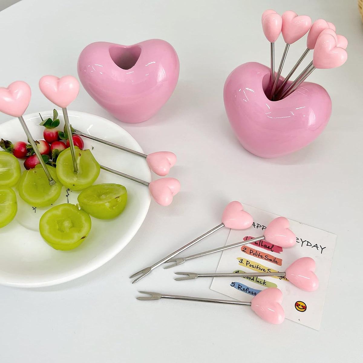 Set of 10 Stainless Steel Fruit forks and 1 Pink Love Holder, Fruit Forks Salad Forks Food Picks