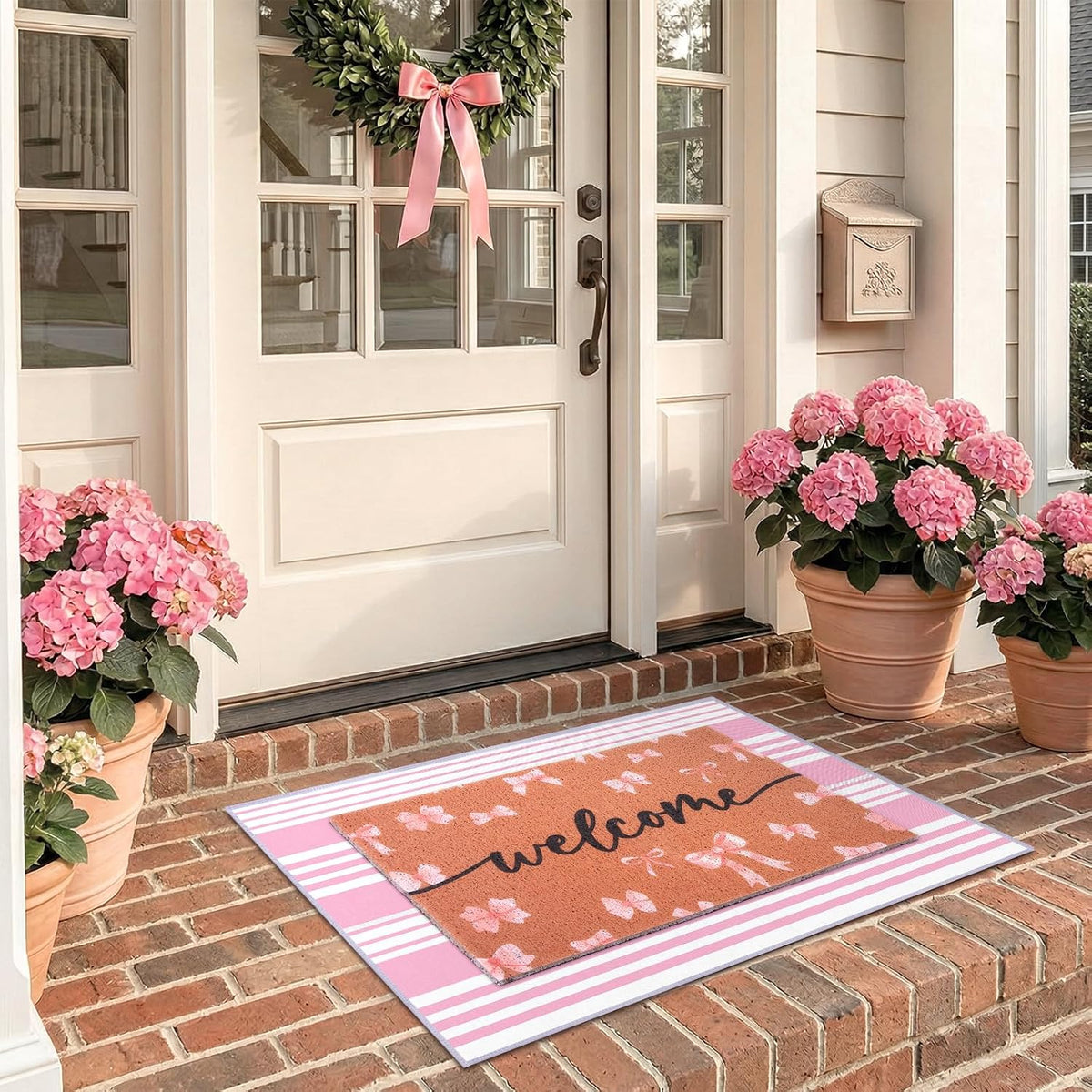 2-Piece Pink Bow Welcome Doormats Set, Dirt Trapping Non Slip Coir Front Door Entrance Mats15.7"x23.6" and Soft Crystal Velvet Bedroom Mat 23.6"x31.5", Decorative Indoor Doormat for Home Office