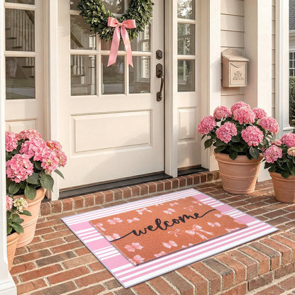 2-Piece Pink Bow Welcome Doormats Set, Dirt Trapping Non Slip Coir Front Door Entrance Mats15.7"x23.6" and Soft Crystal Velvet Bedroom Mat 23.6"x31.5", Decorative Indoor Doormat for Home Office