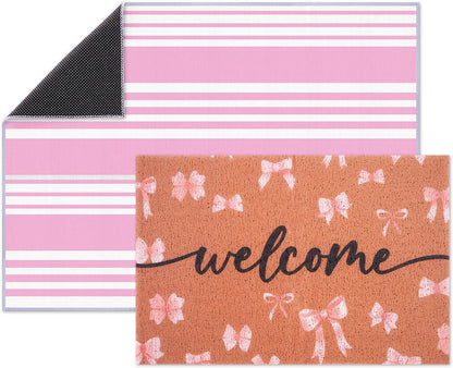 2-Piece Pink Bow Welcome Doormats Set, Dirt Trapping Non Slip Coir Front Door Entrance Mats15.7"x23.6" and Soft Crystal Velvet Bedroom Mat 23.6"x31.5", Decorative Indoor Doormat for Home Office