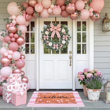 2-Piece Pink Bow Welcome Doormats Set, Dirt Trapping Non Slip Coir Front Door Entrance Mats15.7"x23.6" and Soft Crystal Velvet Bedroom Mat 23.6"x31.5", Decorative Indoor Doormat for Home Office