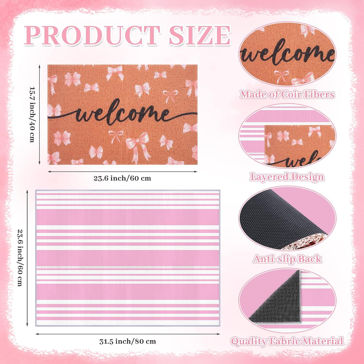 2-Piece Pink Bow Welcome Doormats Set, Dirt Trapping Non Slip Coir Front Door Entrance Mats15.7"x23.6" and Soft Crystal Velvet Bedroom Mat 23.6"x31.5", Decorative Indoor Doormat for Home Office