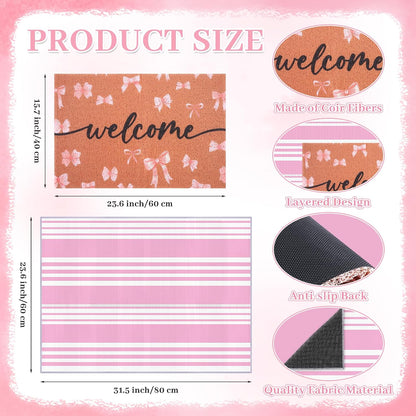2-Piece Pink Bow Welcome Doormats Set, Dirt Trapping Non Slip Coir Front Door Entrance Mats15.7"x23.6" and Soft Crystal Velvet Bedroom Mat 23.6"x31.5", Decorative Indoor Doormat for Home Office