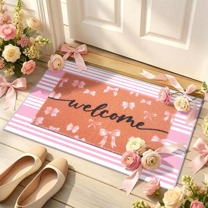 2-Piece Pink Bow Welcome Doormats Set, Dirt Trapping Non Slip Coir Front Door Entrance Mats15.7"x23.6" and Soft Crystal Velvet Bedroom Mat 23.6"x31.5", Decorative Indoor Doormat for Home Office