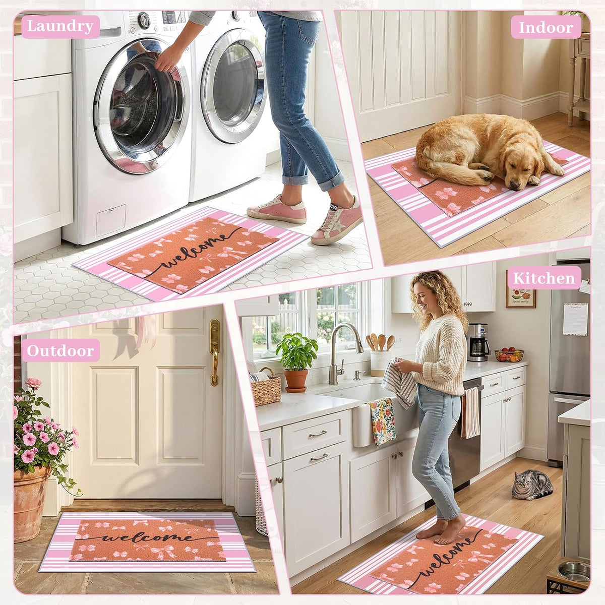 2-Piece Pink Bow Welcome Doormats Set, Dirt Trapping Non Slip Coir Front Door Entrance Mats15.7"x23.6" and Soft Crystal Velvet Bedroom Mat 23.6"x31.5", Decorative Indoor Doormat for Home Office