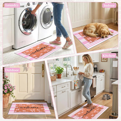 2-Piece Pink Bow Welcome Doormats Set, Dirt Trapping Non Slip Coir Front Door Entrance Mats15.7"x23.6" and Soft Crystal Velvet Bedroom Mat 23.6"x31.5", Decorative Indoor Doormat for Home Office
