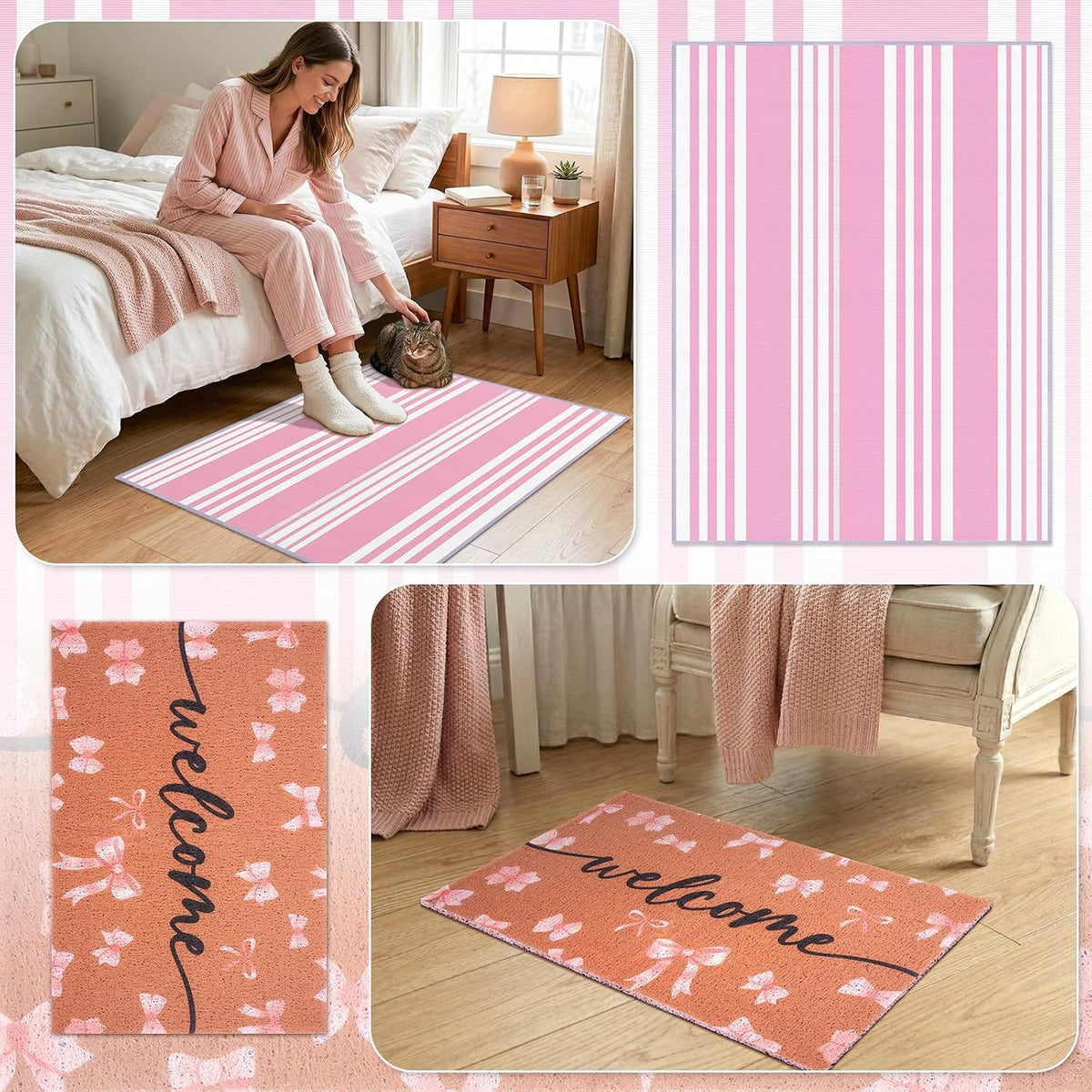 2-Piece Pink Bow Welcome Doormats Set, Dirt Trapping Non Slip Coir Front Door Entrance Mats15.7"x23.6" and Soft Crystal Velvet Bedroom Mat 23.6"x31.5", Decorative Indoor Doormat for Home Office