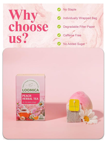 LOOMICA Peach Herbal Tea, Caffeine-Free, Peach Tea Bags with Rosehip, Hibiscus, Chamomile & Orange Peel, Naturally Balanced Sweet & Tangy, Refreshing Fruity Herbal Blend, No Artificial Sugar, 20 Counts