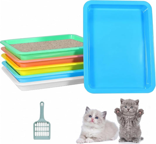 6 Pcs Kitten Litter Boxes, Low Entry Litter Box with Scooper, Portable Litter Box Shallow Litter Pan Open Travel Kitten Boxes for Small Cat, Hamster, Rabbit, 6 Colors
