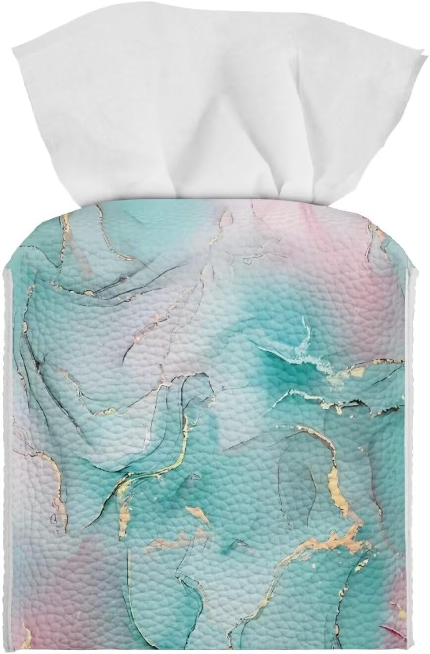 Pink Toilet Paper Holder Marble Tissue Box Cover Square Tissue Box Holder Modern Home Decor Aesthetic Tissue Boxes Cube PU Leather Dispenser for Bathroom, Office