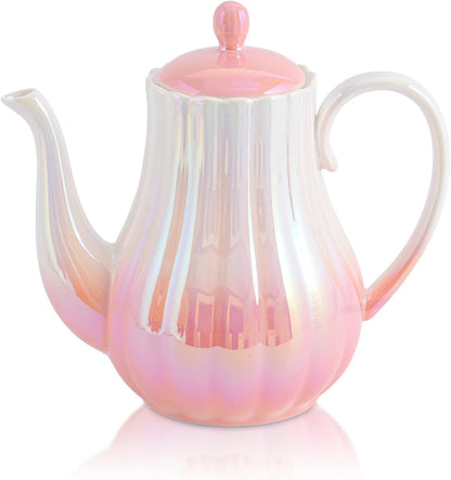 Pink Ceramic Teapot 33oz，tea pot for loose leaf tea coffee milk Gifts for women housewarming home kitchen christmas (Pink)