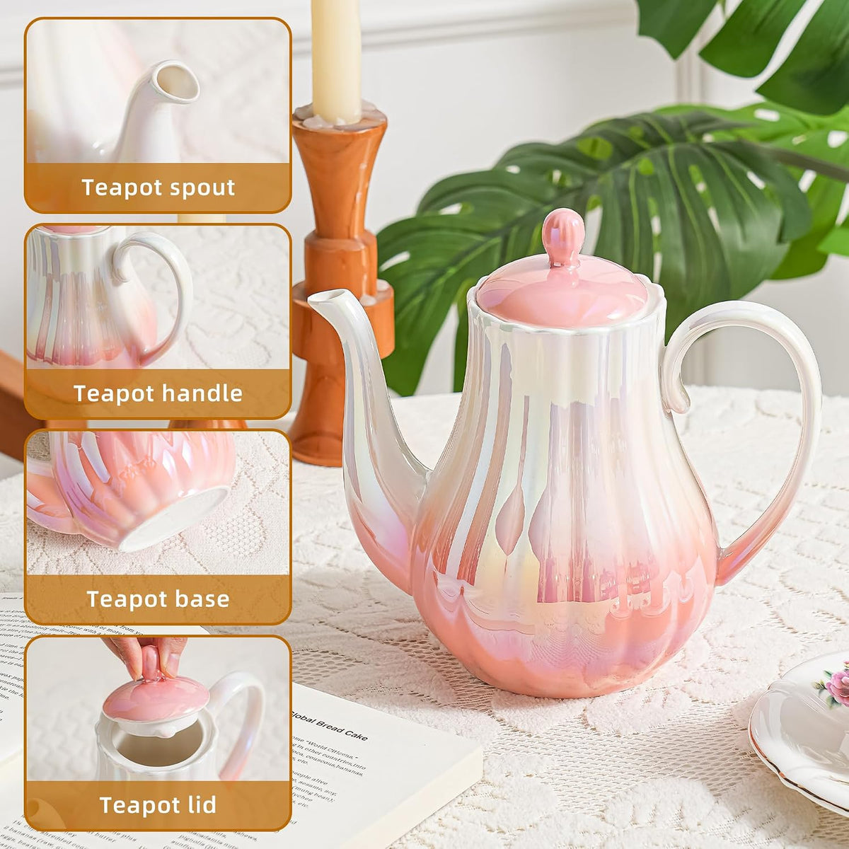 Pink Ceramic Teapot 33oz，tea pot for loose leaf tea coffee milk Gifts for women housewarming home kitchen christmas (Pink)
