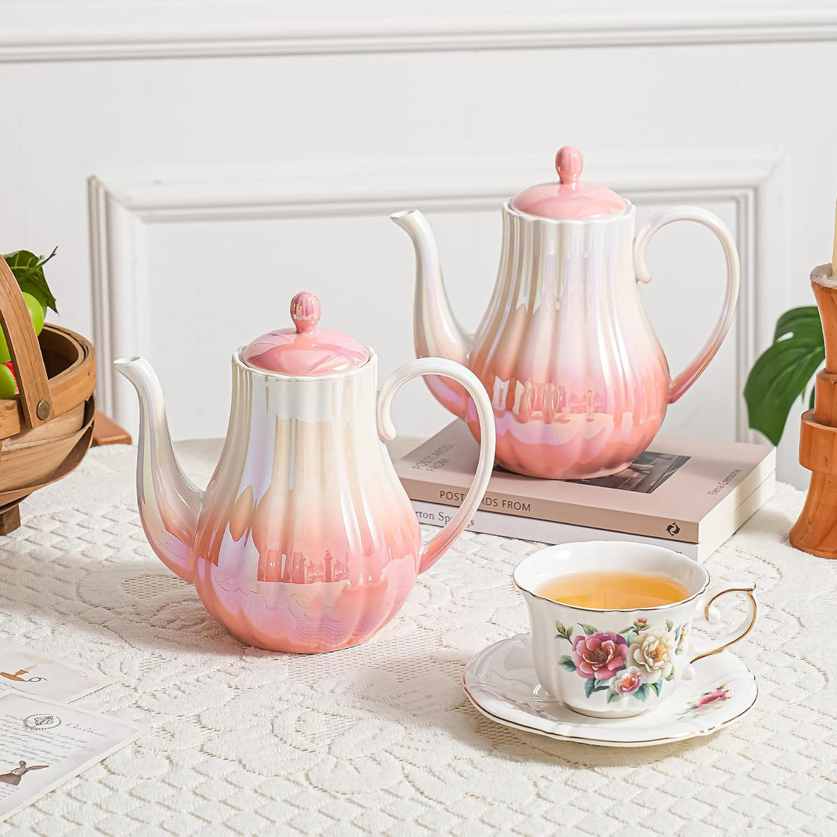 Pink Ceramic Teapot 33oz，tea pot for loose leaf tea coffee milk Gifts for women housewarming home kitchen christmas (Pink)