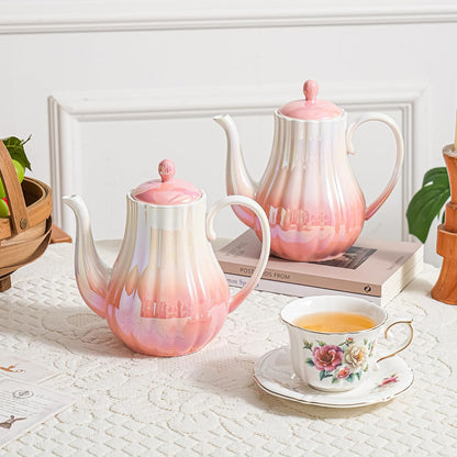 Pink Ceramic Teapot 33oz，tea pot for loose leaf tea coffee milk Gifts for women housewarming home kitchen christmas (Pink)