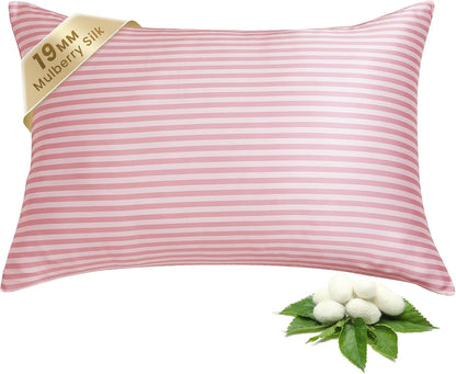 Mulberry Silk Pillowcase for Hair and Skin Health, Grade 6A+ Mulberry Silk Pillowcase with Hidden Zipper, Soft and Breathable, 1pc (Standard 20"x26", Pink White Stripes)