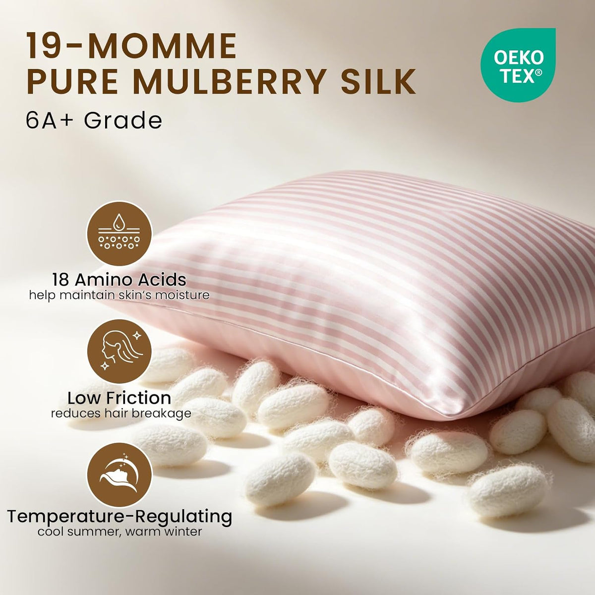 Mulberry Silk Pillowcase for Hair and Skin Health, Grade 6A+ Mulberry Silk Pillowcase with Hidden Zipper, Soft and Breathable, 1pc (Standard 20"x26", Pink White Stripes)