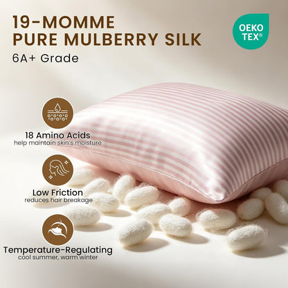 Mulberry Silk Pillowcase for Hair and Skin Health, Grade 6A+ Mulberry Silk Pillowcase with Hidden Zipper, Soft and Breathable, 1pc (Standard 20"x26", Pink White Stripes)