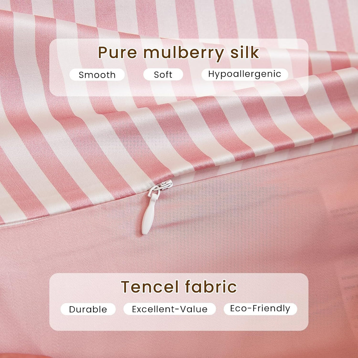Mulberry Silk Pillowcase for Hair and Skin Health, Grade 6A+ Mulberry Silk Pillowcase with Hidden Zipper, Soft and Breathable, 1pc (Standard 20"x26", Pink White Stripes)