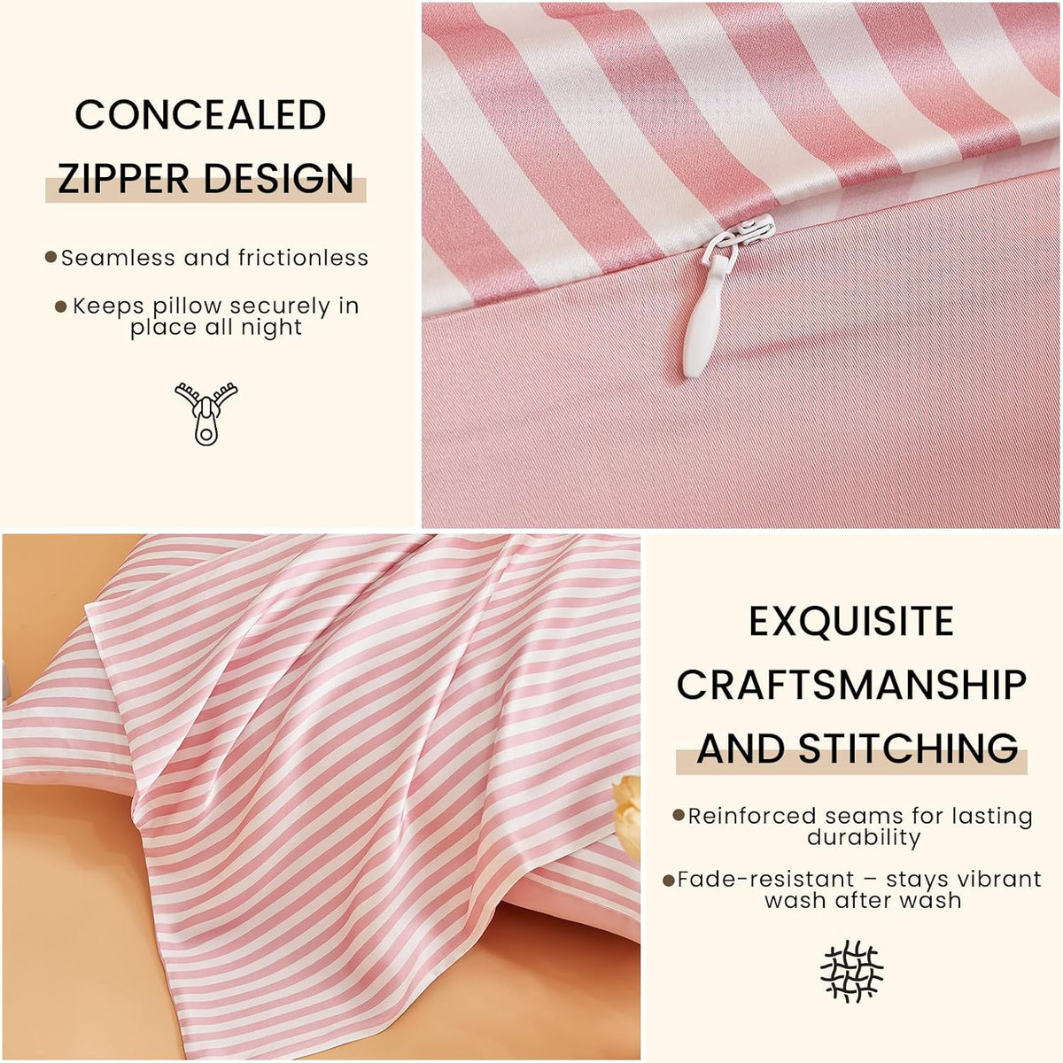 Mulberry Silk Pillowcase for Hair and Skin Health, Grade 6A+ Mulberry Silk Pillowcase with Hidden Zipper, Soft and Breathable, 1pc (Standard 20"x26", Pink White Stripes)