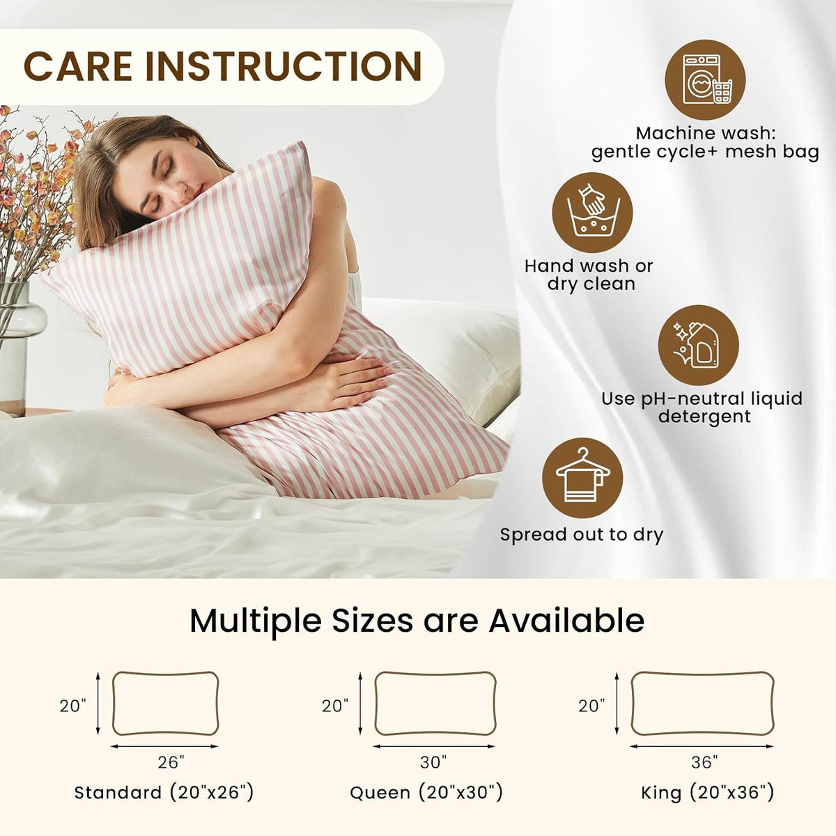 Mulberry Silk Pillowcase for Hair and Skin Health, Grade 6A+ Mulberry Silk Pillowcase with Hidden Zipper, Soft and Breathable, 1pc (Standard 20"x26", Pink White Stripes)