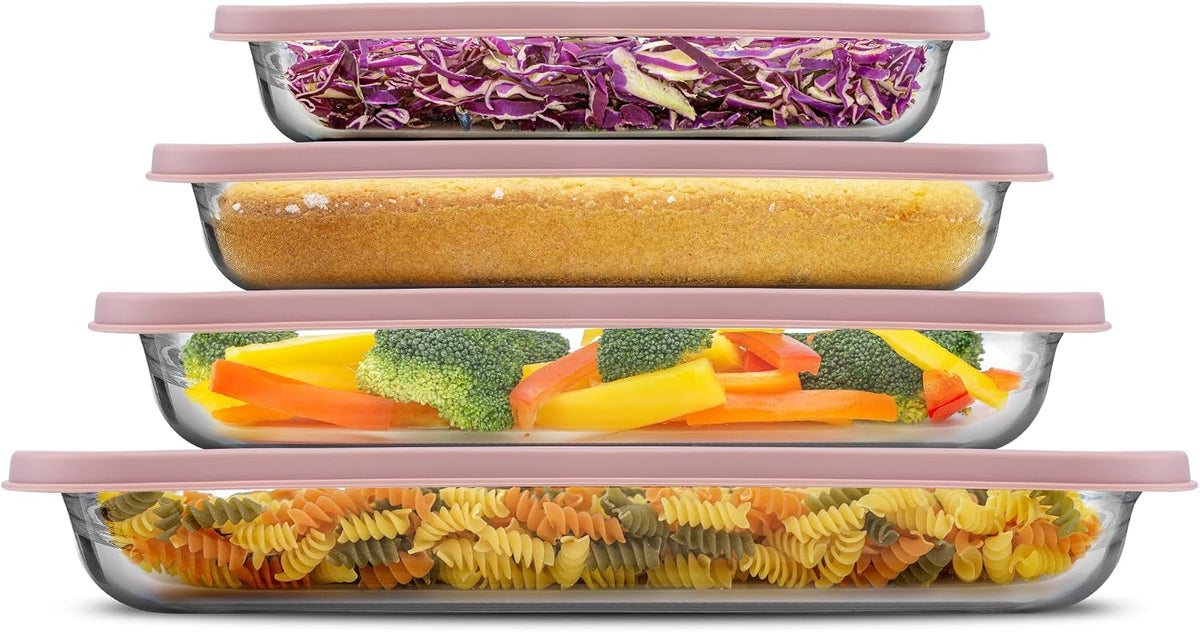 8-Piece Borosilicate Glass Oven Dishes with Blushy Pink Lids, Rectangle Deep Glass Baking Dish Set, Baking Pans for Lasagna Casserole Cake, Bakeware Set, Freezer to Oven Tray to Dishwasher