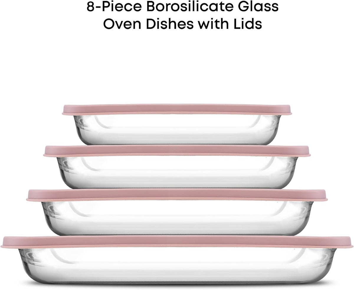 8-Piece Borosilicate Glass Oven Dishes with Blushy Pink Lids, Rectangle Deep Glass Baking Dish Set, Baking Pans for Lasagna Casserole Cake, Bakeware Set, Freezer to Oven Tray to Dishwasher