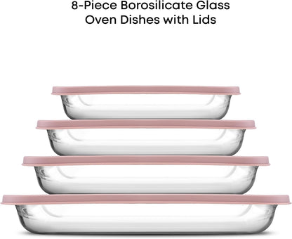 8-Piece Borosilicate Glass Oven Dishes with Blushy Pink Lids, Rectangle Deep Glass Baking Dish Set, Baking Pans for Lasagna Casserole Cake, Bakeware Set, Freezer to Oven Tray to Dishwasher