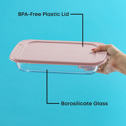 8-Piece Borosilicate Glass Oven Dishes with Blushy Pink Lids, Rectangle Deep Glass Baking Dish Set, Baking Pans for Lasagna Casserole Cake, Bakeware Set, Freezer to Oven Tray to Dishwasher