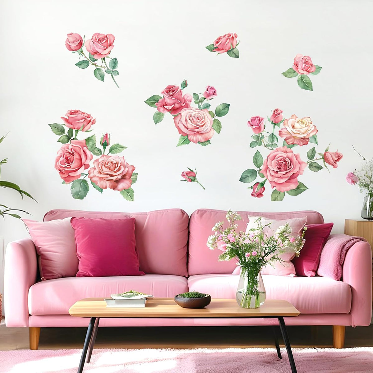 Rose Flowers Wall Decals, Pink Floral Leaves Wall Stickers, Peel and Stick Wall Decor for Bedroom Living Room Sofa TV Background