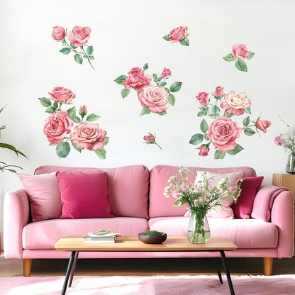 Rose Flowers Wall Decals, Pink Floral Leaves Wall Stickers, Peel and Stick Wall Decor for Bedroom Living Room Sofa TV Background