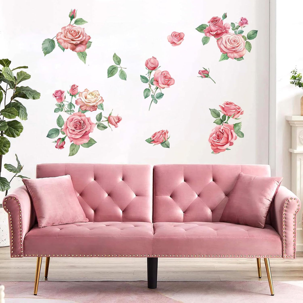 Rose Flowers Wall Decals, Pink Floral Leaves Wall Stickers, Peel and Stick Wall Decor for Bedroom Living Room Sofa TV Background
