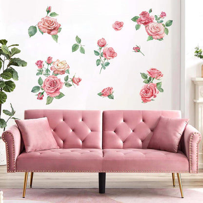 Rose Flowers Wall Decals, Pink Floral Leaves Wall Stickers, Peel and Stick Wall Decor for Bedroom Living Room Sofa TV Background