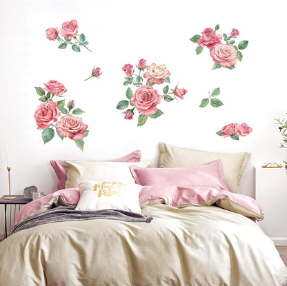 Rose Flowers Wall Decals, Pink Floral Leaves Wall Stickers, Peel and Stick Wall Decor for Bedroom Living Room Sofa TV Background