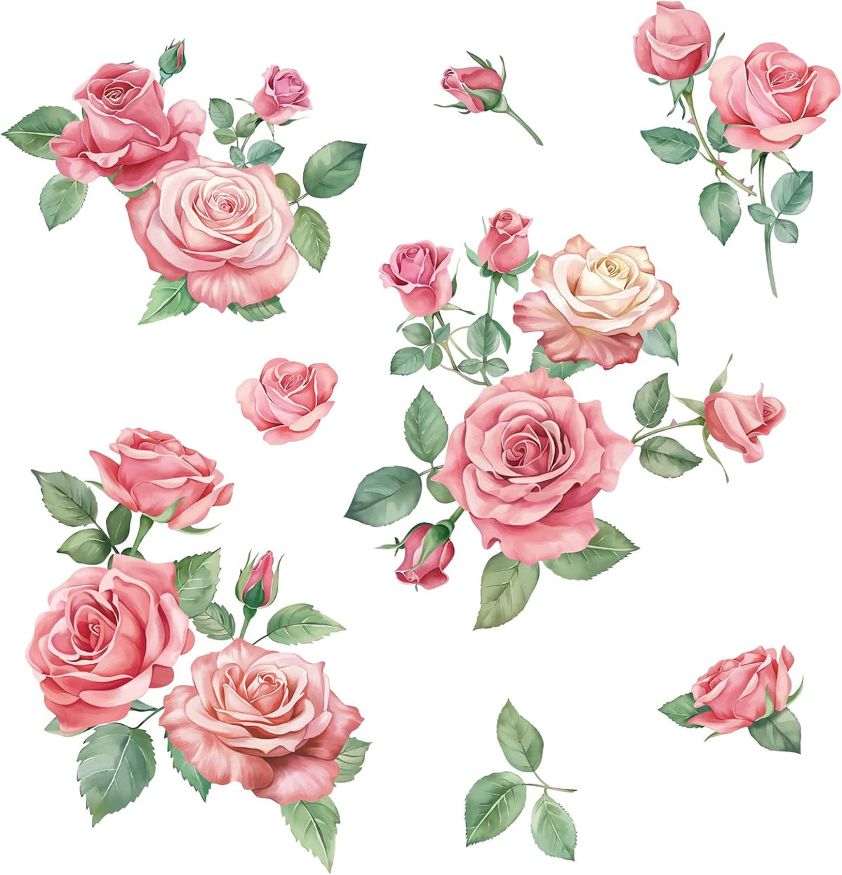 Rose Flowers Wall Decals, Pink Floral Leaves Wall Stickers, Peel and Stick Wall Decor for Bedroom Living Room Sofa TV Background