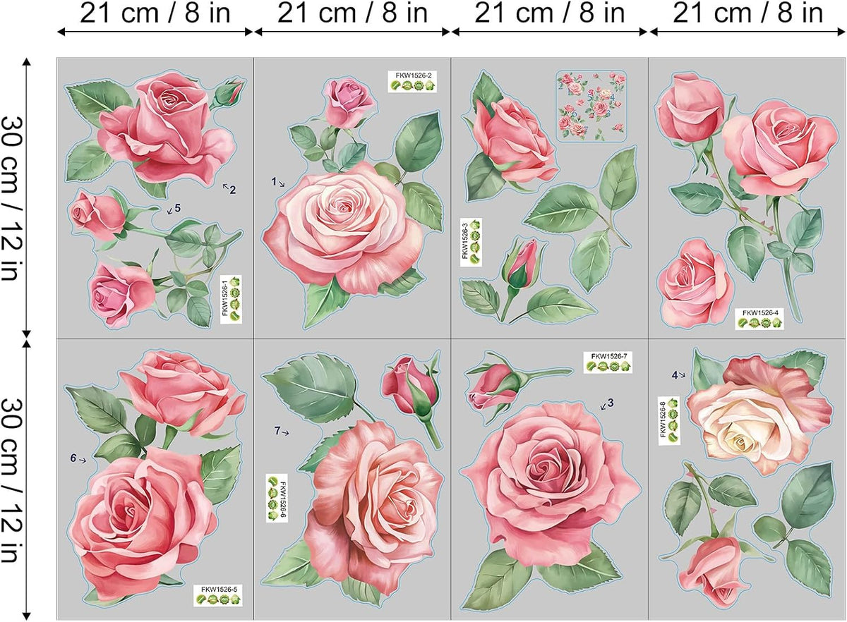 Rose Flowers Wall Decals, Pink Floral Leaves Wall Stickers, Peel and Stick Wall Decor for Bedroom Living Room Sofa TV Background