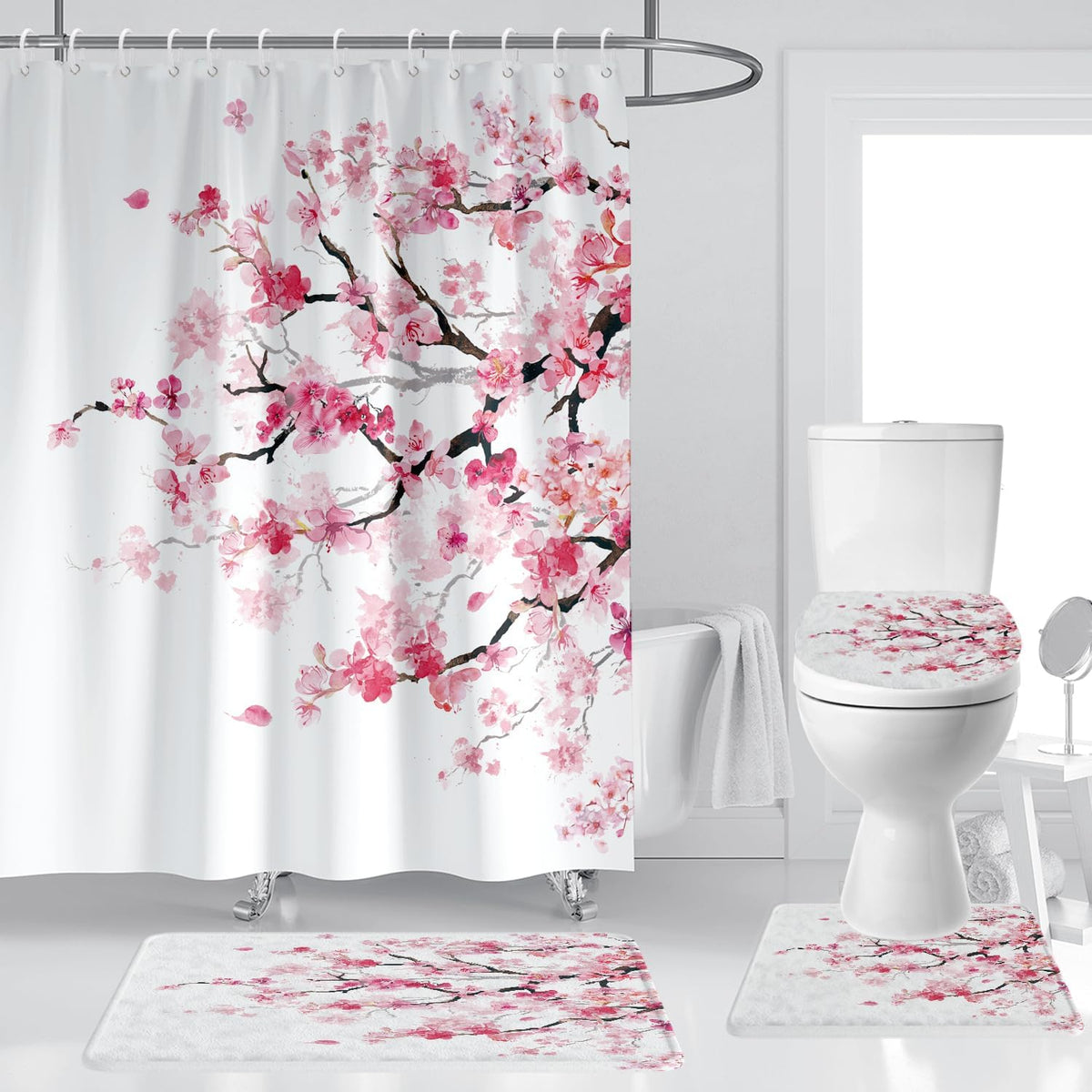 Pink Floral Shower Curtain Rug Set, 12 Hooks, 60" W x 72" L, 4 Pcs