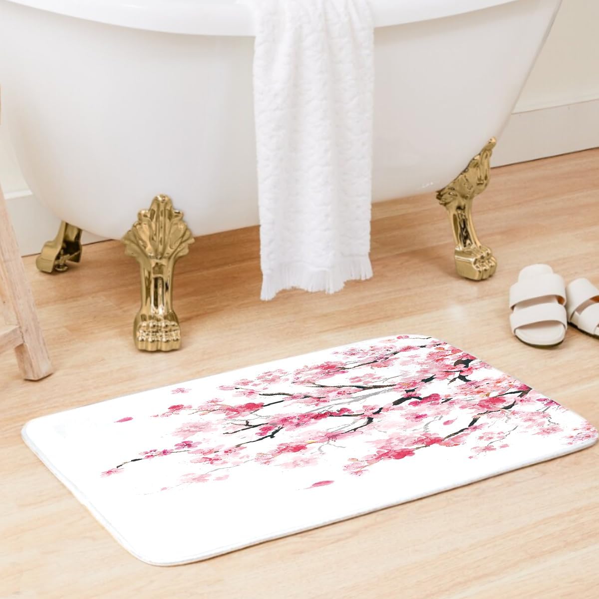 Pink Floral Shower Curtain Rug Set, 12 Hooks, 60" W x 72" L, 4 Pcs