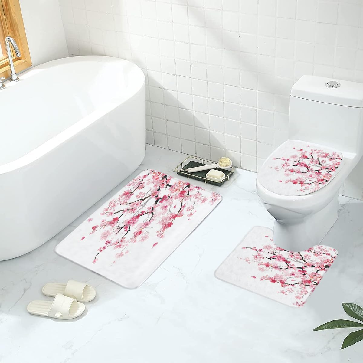 Pink Floral Shower Curtain Rug Set, 12 Hooks, 60" W x 72" L, 4 Pcs