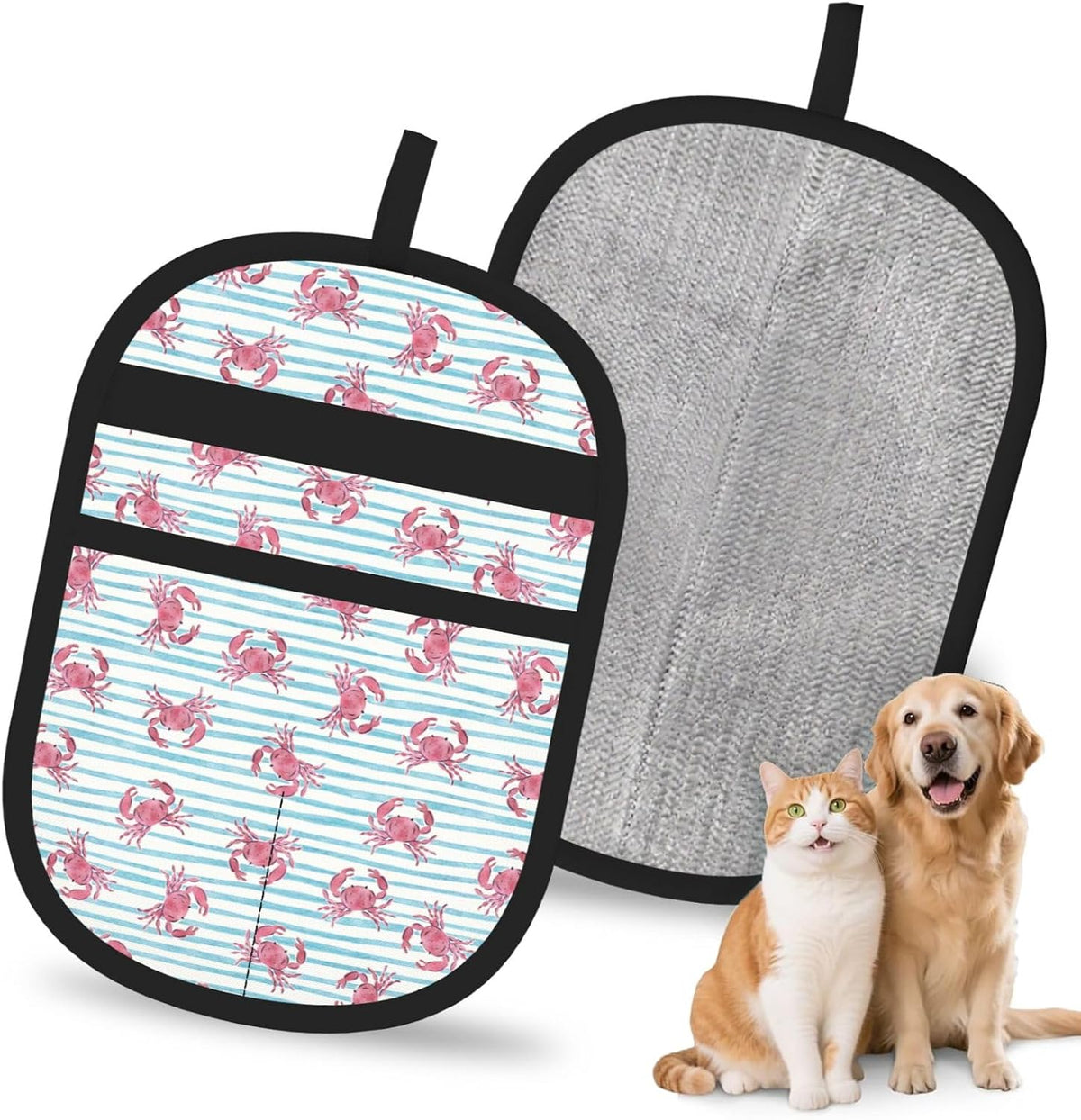 Pink Crab Blue White Stripes Pet Hair Removal Glove Dogs Hair Remover Glove Cats Fur Removal Tool with Hanging Loop for Couch 6.7X9.5 in