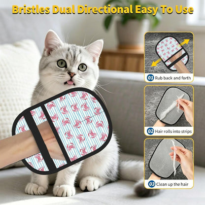 Pink Crab Blue White Stripes Pet Hair Removal Glove Dogs Hair Remover Glove Cats Fur Removal Tool with Hanging Loop for Couch 6.7X9.5 in