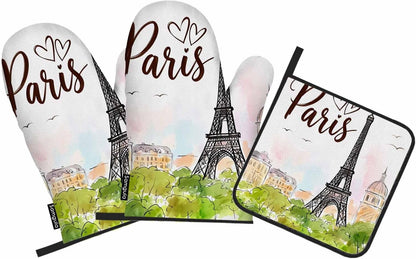 Paris Oven Mitts and Pot Holders Sets Eiffel Tower Pink Romantic City Heat Resistant 3pcs for Cooking Baking BBQ