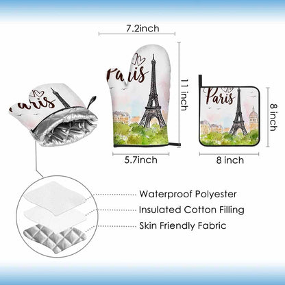 Paris Oven Mitts and Pot Holders Sets Eiffel Tower Pink Romantic City Heat Resistant 3pcs for Cooking Baking BBQ