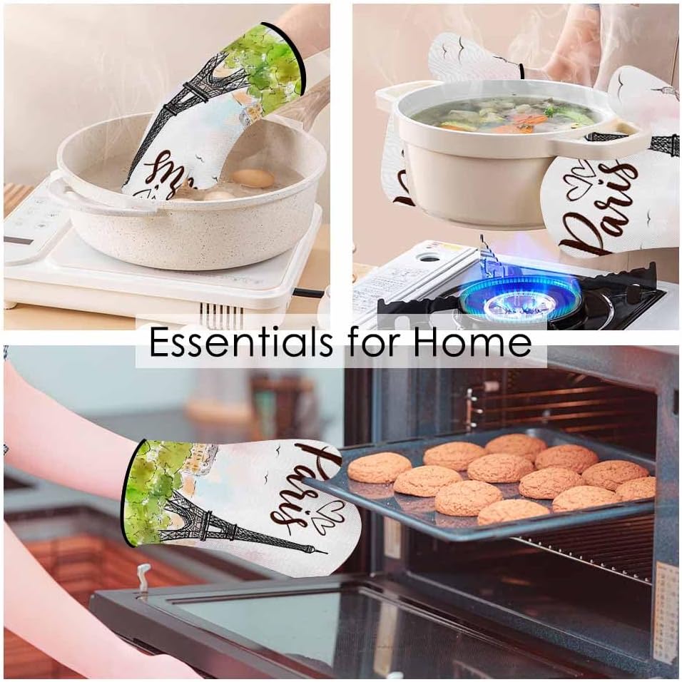 Paris Oven Mitts and Pot Holders Sets Eiffel Tower Pink Romantic City Heat Resistant 3pcs for Cooking Baking BBQ