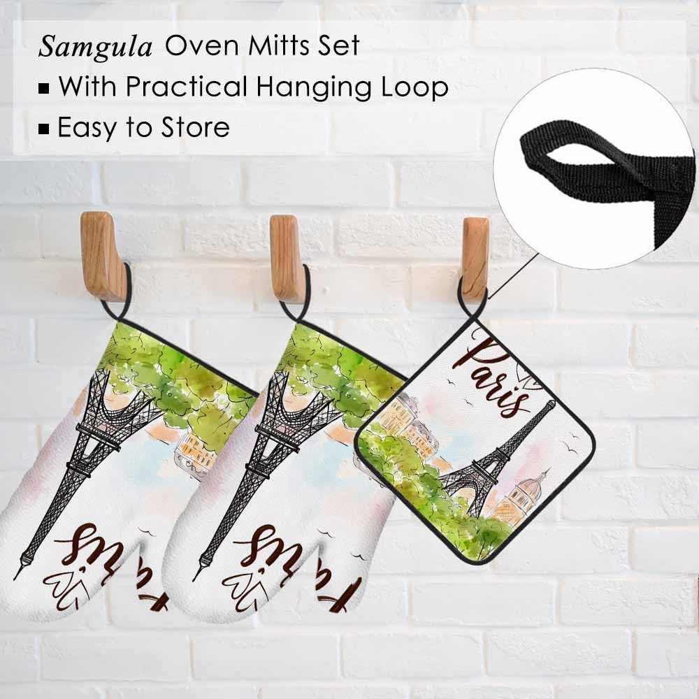 Paris Oven Mitts and Pot Holders Sets Eiffel Tower Pink Romantic City Heat Resistant 3pcs for Cooking Baking BBQ
