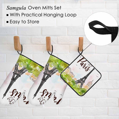 Paris Oven Mitts and Pot Holders Sets Eiffel Tower Pink Romantic City Heat Resistant 3pcs for Cooking Baking BBQ