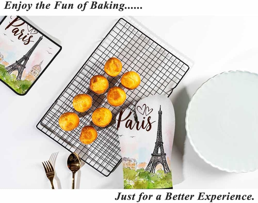 Paris Oven Mitts and Pot Holders Sets Eiffel Tower Pink Romantic City Heat Resistant 3pcs for Cooking Baking BBQ