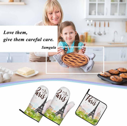 Paris Oven Mitts and Pot Holders Sets Eiffel Tower Pink Romantic City Heat Resistant 3pcs for Cooking Baking BBQ